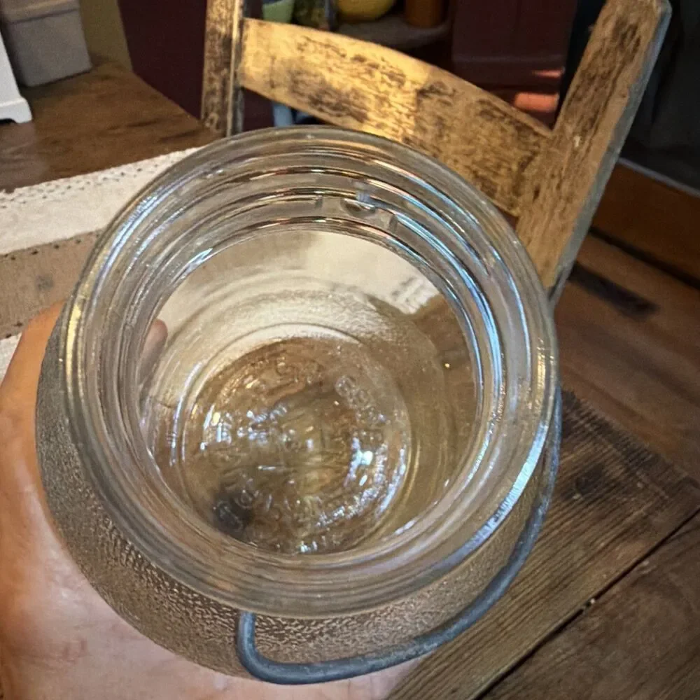 Hazel-Atlas Vintage Syrup Pail with Wire Bail Handle Clear Pebbled Shoulder 8in